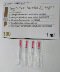 Jeringas de insulina de 1ml, caja con 4 unidaded con tapa roja 